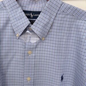 Ralph Lauren Blue Casual Button Down Shirt with Plaid Design Short Sleeve